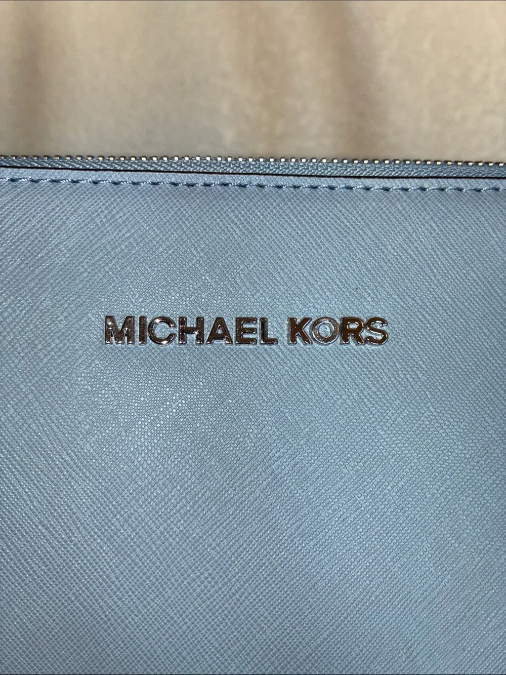 Michael Kors Powder Blue Saffiano Carry All Leather Tote, MK Charm, dust bag euc